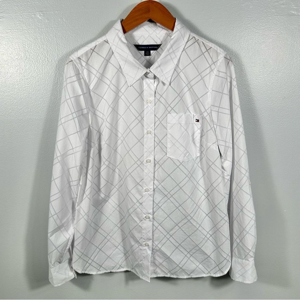 Tommy Hilfiger White Plaid Button-Up Shirt Size Large Office Minimalist Preppy